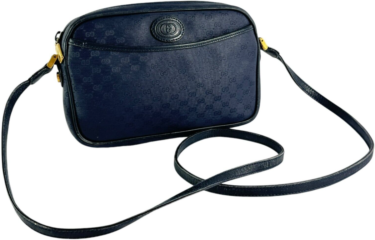 GUCCI Navy Blue Canvas Micro GG Monogram Camera Cross Shoulder Bag