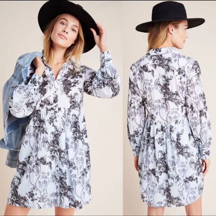 anthropologie embroidered shirt dress ANTHROPOLOGIE Lavinia Embroidered Shirt Dress Size 14 Blue Motif EUC Worn  Once!