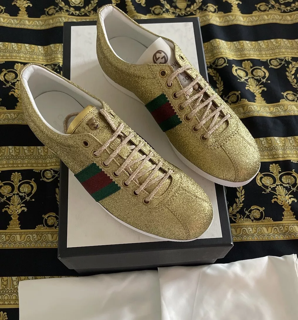 CHAUSSURES BASKETS 100 % AUTHENTIQUES GUCCI BAMBI GLITTER OR MÉTALLIQUE NEUVES G 7,5 US 8