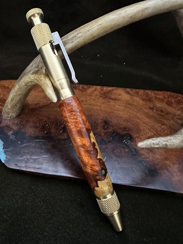 Handmade Ballpoint Clip Bolt Action Pen Amboyna Burl Wood Solid Brass - Picture 7 of 9
