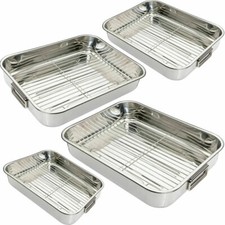 Stainless Steel Baking Roaster Deep Roasting Tray Oven Pan Grill Rack Tin Tray