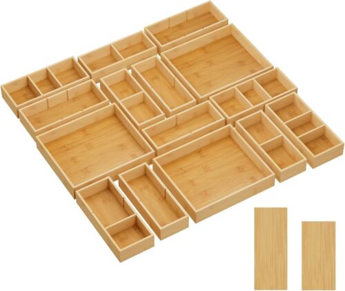 New-Drawer Organizers 15 Pack(33 Grid) with 18 Inserts, Adjustable Bambo