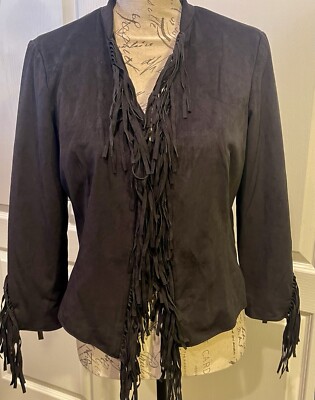 JOUJOU Womens Black Faux Suede Jacket with Fringe Accent Zip Up Sleeves
