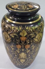 Classic Floral Pattern Black  Gold Chisel Work Adult Size Funeral Cremation Urn