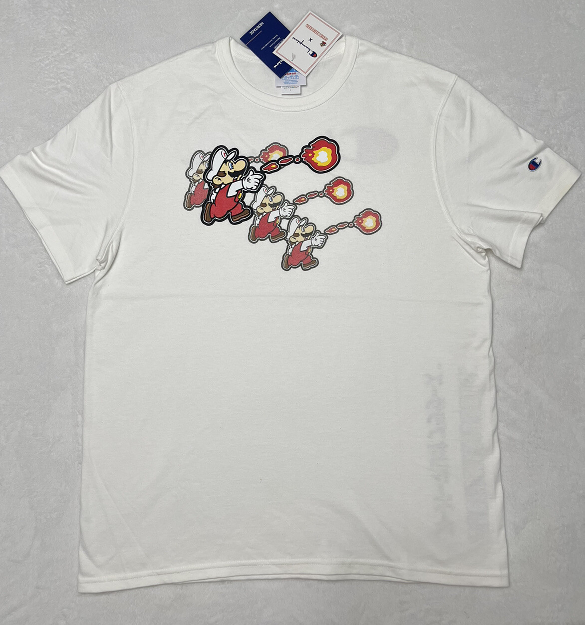 New Men's CHAMPION X SUPER MARIO BROS Heritage T Shirt Fire Mario Sz XL New Men's CHAMPION X SUPER MARIO BROS Heritage T Shirt Fire Mario Sz XL