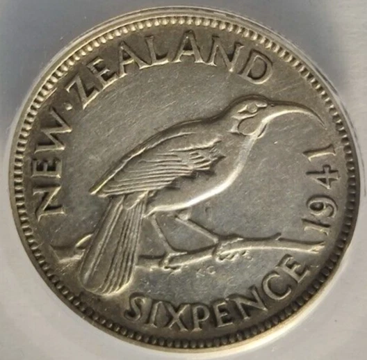 Moneda de 6 peniques 1941 Nueva Zelanda ANACS EF40 rara fecha clave moneda de plata 2B Foto 3 de 4