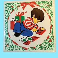 Ceramic Christmas Tile Trivet Boy Writing Letters Mail Vintage