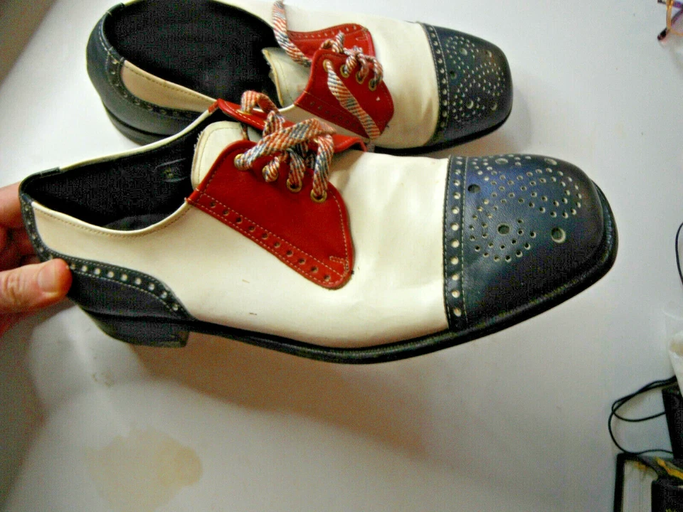 Zapatos patrióticos vintage de cuero raro Nunn Bush ROJOS blancos y azules talla 10 Foto 2 de 4
