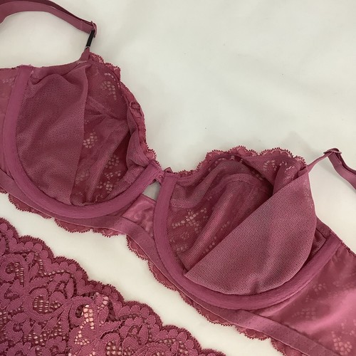 Victoria’s Secret Dark Pink Lace Bra & High Waist Thong Set - Size 32DD & M BNWT - Picture 6 of 7