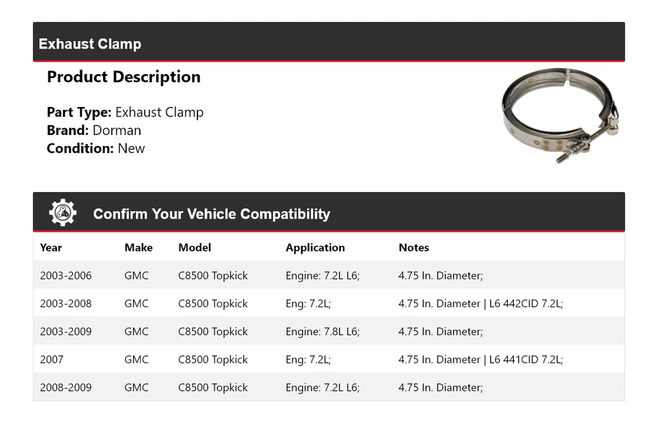 Abrazadera de escape Topkick Dorman para GMC C8500 2003-2009 2004 2005 2006 2007 2008 Foto 2 de 4