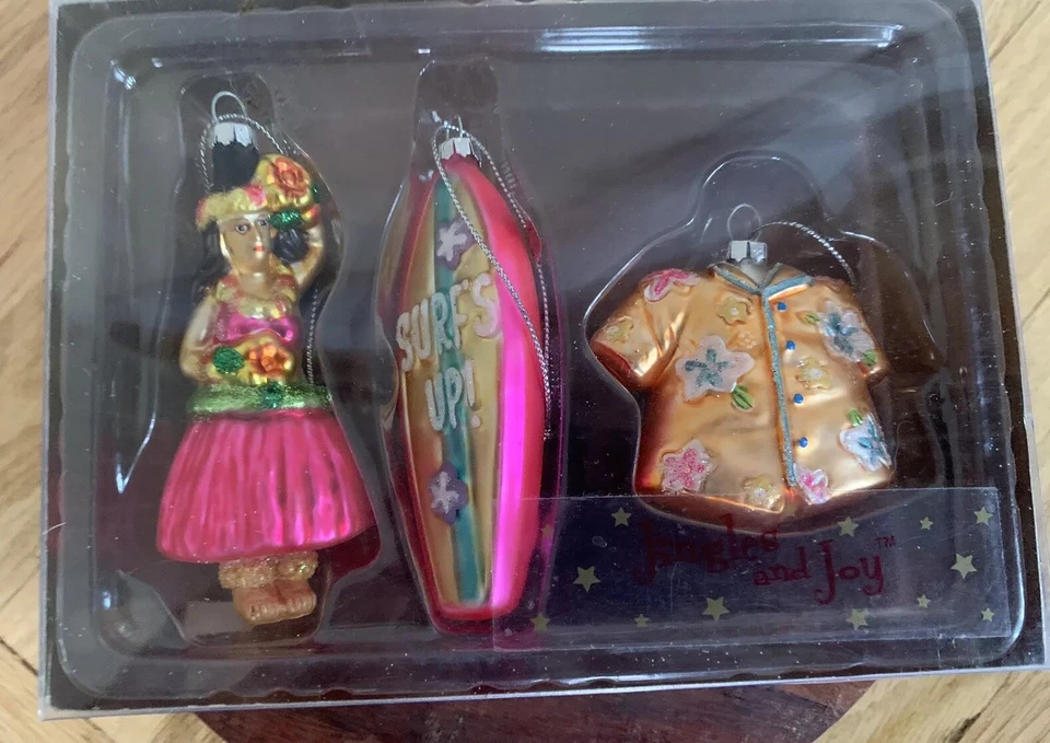 Juego de 3 camisas de tabla de surf hawaianas adornos navideños de vidrio para niñas Foto 2 de 4