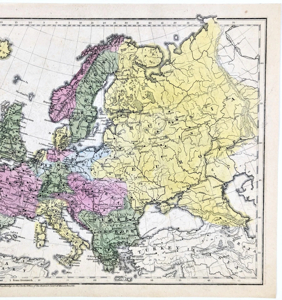 1843 EUROPE Political Map ORIGINAL (10.5x8.5) William Woodbridge ANTIQUE - Image 3 of 3