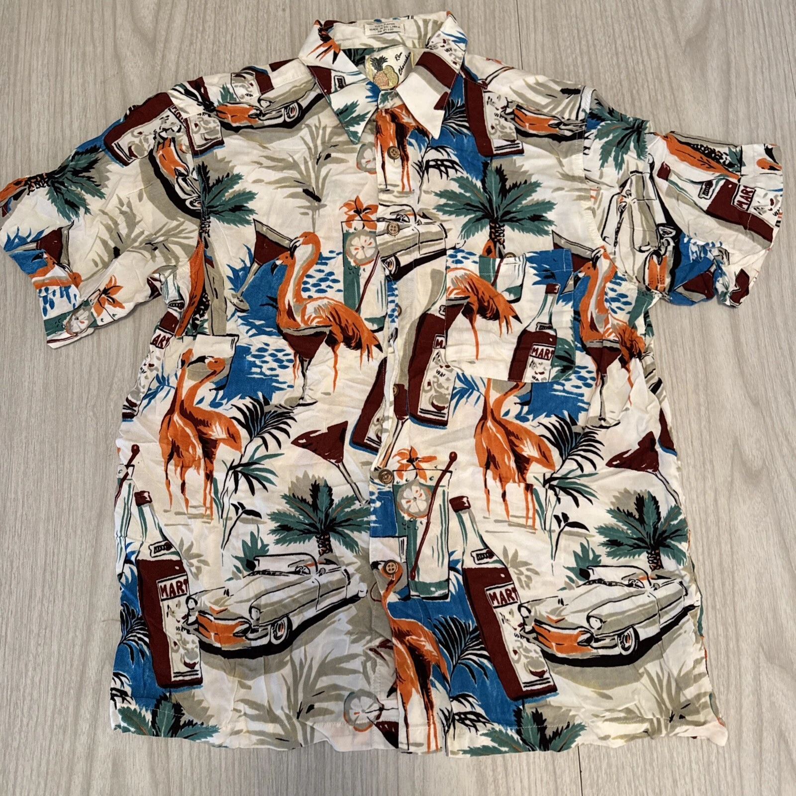 Hawaiian Shirt Flamingos Old Car Short Sleeve Aloha Vintage Men's Large 0872