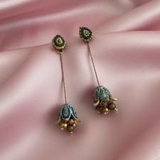 Museum Flower Earrings Filigree Art Nouveau VTG Gold Antique Bell Boho Chain CZ