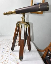 Brass Telescope with Wooden Tripod Stand Maritime Nautical Antique Desk Vintage
