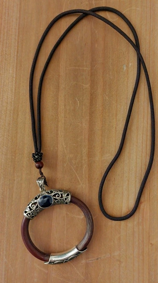 Round Wood Circle Pendant Silvertone Black Stone Rope Necklace | eBay