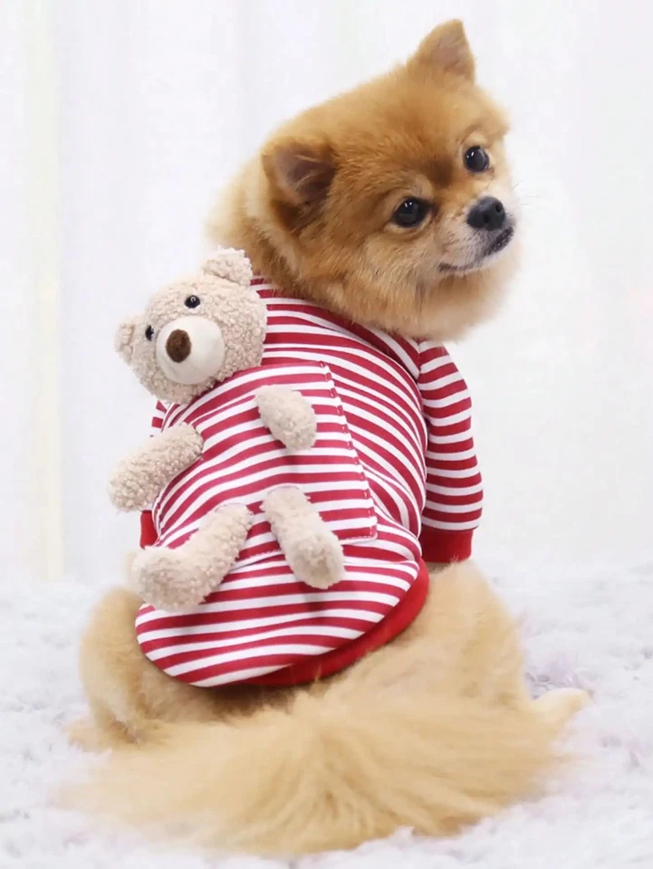 "Cute Pocket Bear Striped Dog Sweatshirt Velvet Pet Sweater for Small Medium Cat - Image 4 of 4