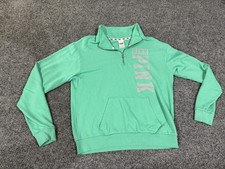 PINK Victoria's Secret Sweatshirt Womens Medium Green 1/4 Zip Kangaroo PINK Logo