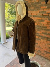 FABIO SIZE MEDIUM Brown Suede Beige Sherpa Lining Hooded Pockets Zipper Repair