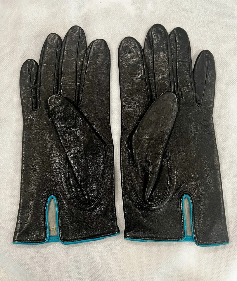 Guantes de cuero Christian Dior vintage negros para mujer con ribete turquesa/logotipo pequeños Foto 2 de 4