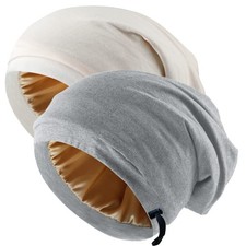 Silk Satin Bonnet Hair Wrap for Sleeping, 2 Pcs Adjustable Large, Grey khaki
