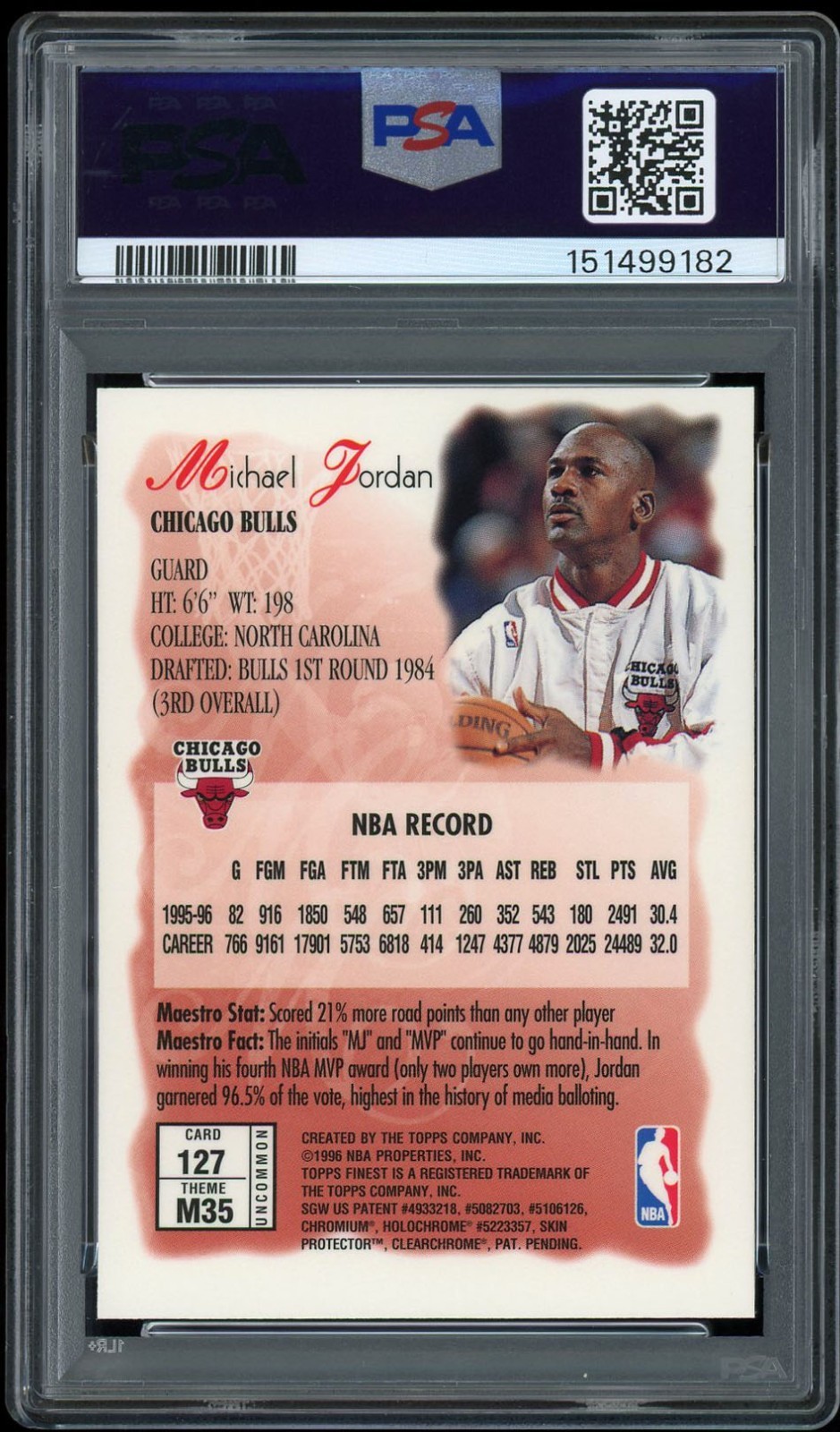 Michael Jordan 1996 Finest Maestros Silver 127 PSA 9 MINT BULLS HOF view 2