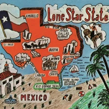 TEXAS Pictorial Map 1981 Postcard Lone Star State Landmark Comic Art Mexico VTG.