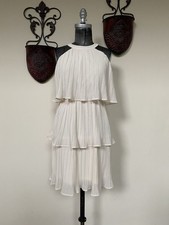 Zesica Cream Formal Dress Tiered Ruffle Halter Accordion Small Sleeveless Midi