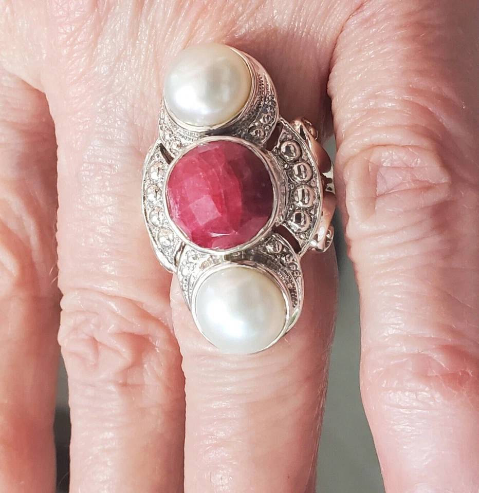 Anillo Vintage Nicky Butler Facetado Rubí y Perla Plata 925 Talla 8.5+ ENVÍO GRATUITO Foto 2 de 4