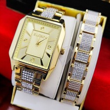 Elgin Men's Luxury Lab Diamond Stainless Steel Iced Square Watch & Bracelet Set