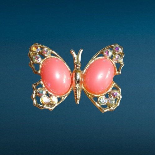 Coral Jelly Belly Butterfly Brooch Gold AB Aurora Borealis Rhinestone - Picture 1 of 3