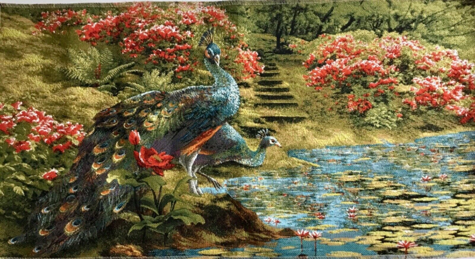 Tapestry Fabric Textile Picture Peacocks At Water Flower Nature Panels Approx.