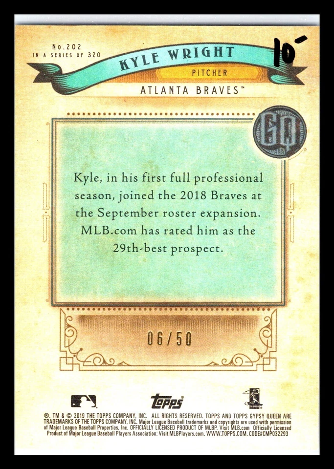 2019 Topps Gypsy Queen Black & White /50 Kyle Wright #202 Rookie RC Braves - Image 2 of 2