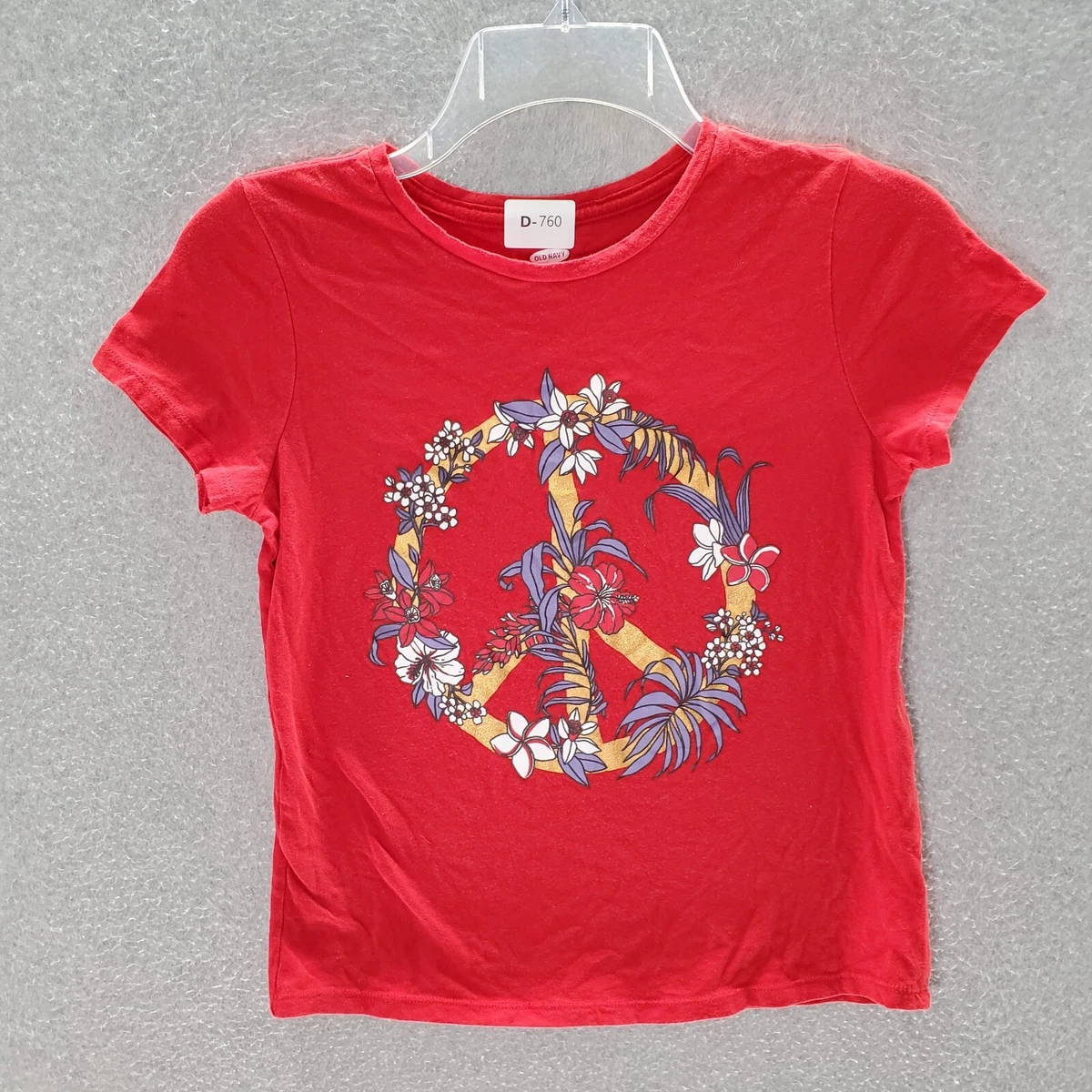 Old Navy Girl Top XL Red T Shirt Floral Peace Sign Graphic Short