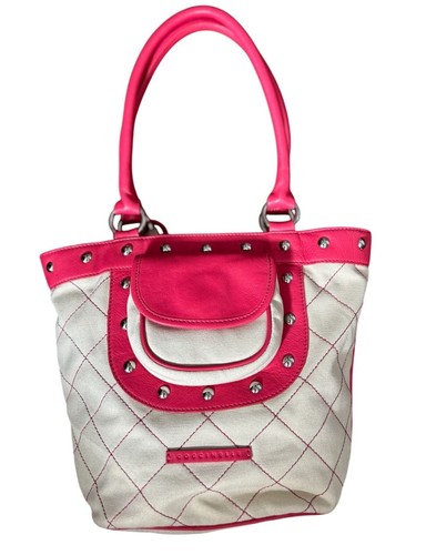 Coccinelle Cloth Handbag Pink Leather Natural Linen 12"
