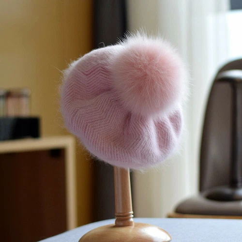 New Women Knitted Hat Real Fox Fur Pom Pom Beret Rabbit Fur Warm Cute Cap Winter - Picture 15 of 18