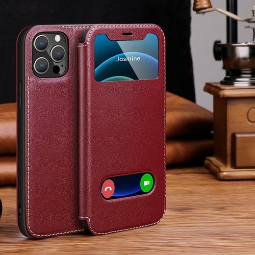 Funda protectora abatible de cuero genuino real Smart View para iPhone 16 15 14 13 12 Promax - Imagen 7 de 12