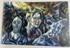 Garland Burruss Oil on Board Abstract Cubism Blue Children Painting 12x18"