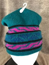 VTG Wigwam Green with Pink 100 Pure Wool Outer Shell Knitted Beanie Ski Hat Cap