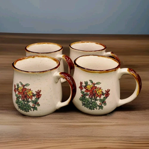 Vintage Otagiri Japan Stoneware (4) Mugs Lot Flowers 
