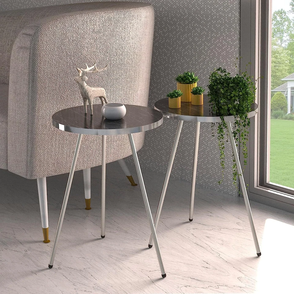 Set of 2 END Tables Marble Look Wood Round Sofa Side Table for Small Spaces - Image 2 of 4