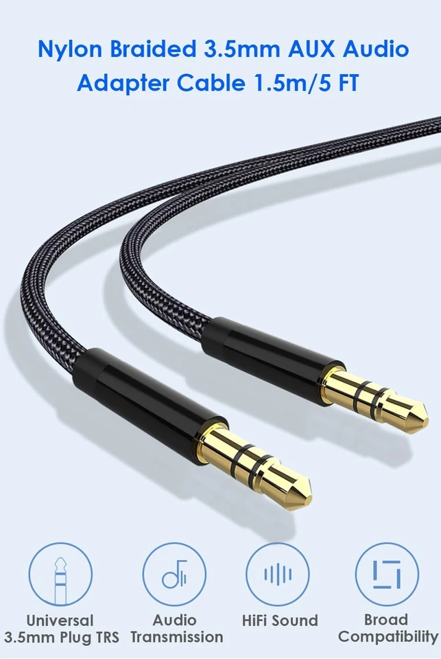 3.5mm AUX Stereo Audio Cable Nylon Braided 1m Male to Male Jack Adapter Car Lead - Image 3 of 4