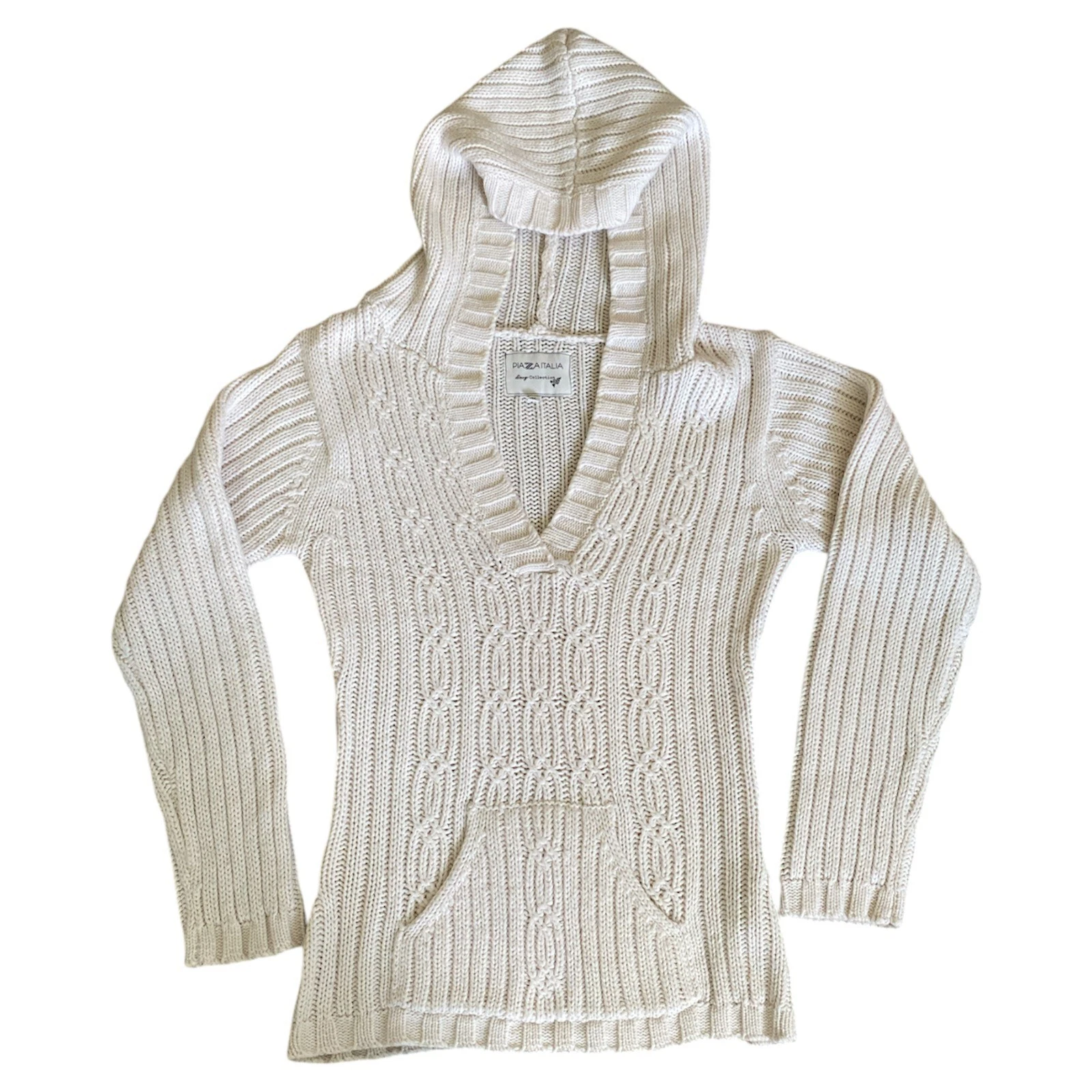 Piazza Italia Womens Hoodie Sweatshirt size XL Cream Knit V Neck