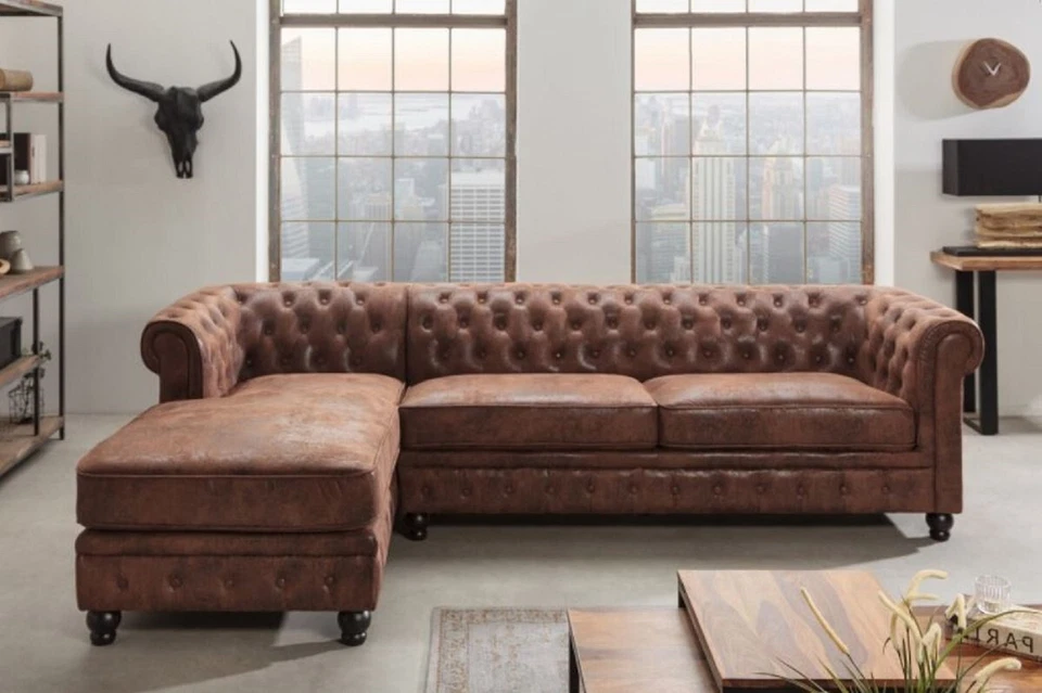 Casa Padrino Chesterfield Ecksofa Links Antik Braun Microfaser Wohnzimmer Sofa  - Bild 3 von 4