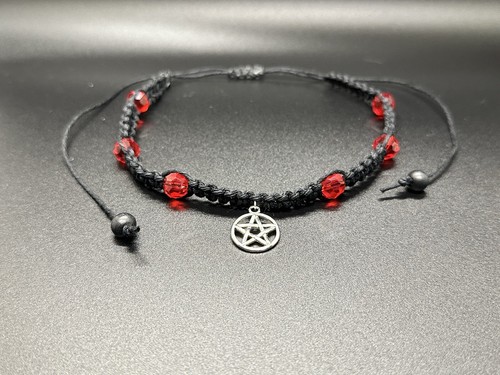 Woman’s Pentagram Star Choker necklace Black Hemp Ruby Red Crystal - Picture 2 of 2