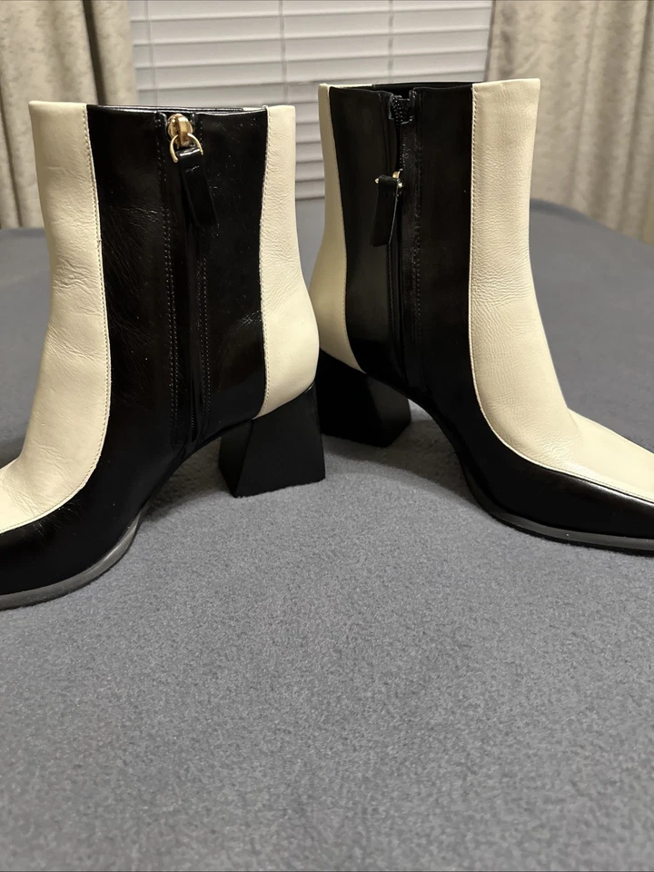 Botines GB Gianni Bini Santo Grial 2 Cuero Blanco y Negro Cremallera Tacón Talla 7 Foto 3 de 4