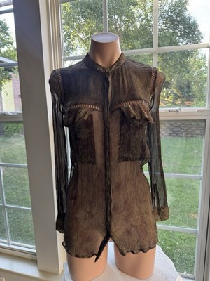 Matthew Williamson 100% Silk Sheer Ruffle Blouse Brown Bronze UK 8 US 4