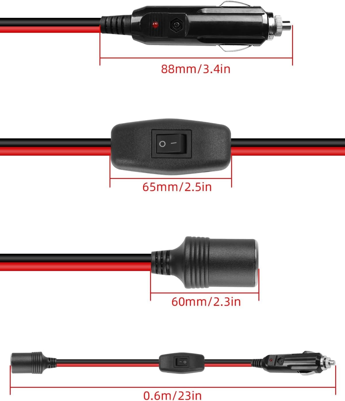 12V 24V Cigarette Lighter Male Plug to Socket Power Cable, 16 AWG 0.6M/2FT