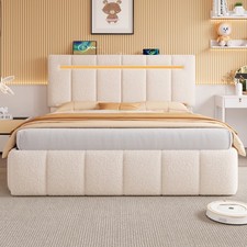 Ottoman Storage Beige Boucle King Size 5FT Bed Frame w/ Bounce Sprung Slats Base