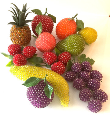 MCM Beaded Sequin Fruit Lot  24 Pineapple Grapes Peach Lemon Pear Push Pin Decor